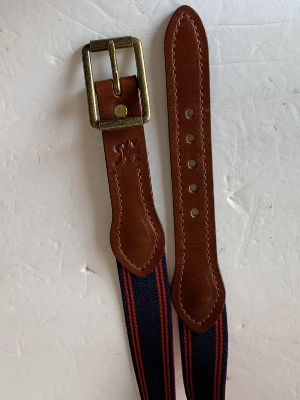 VINTAGE NAVY BLUE & RED ELASTIC STRETCH BELT – LEATHER TRIM – BRASS BUCKLE